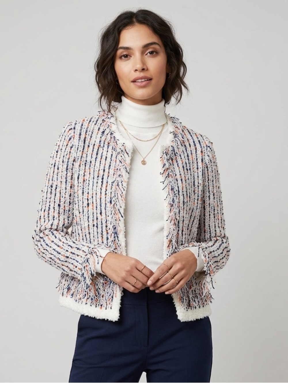 French Connection Cream Textured Fringe Open Cardigan - Cream/Navy/Orange